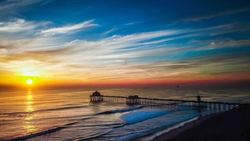 Aerial Sunset: aerial view of Huntington Beach Pier at sunset