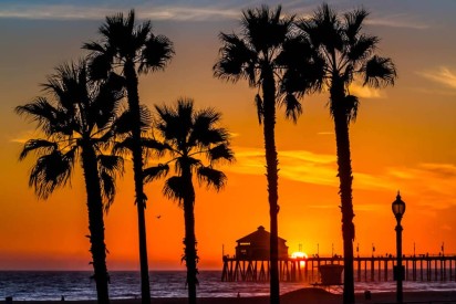 Orange Sunset: sunset, hb pier, palm trees, beach