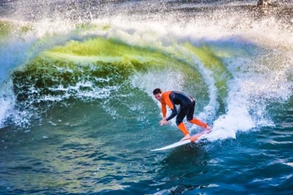Orange Surfer, Green Wave: surf, Huntington Beach
