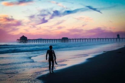Purple Surfer: sunset, beach, surf, HB Pier