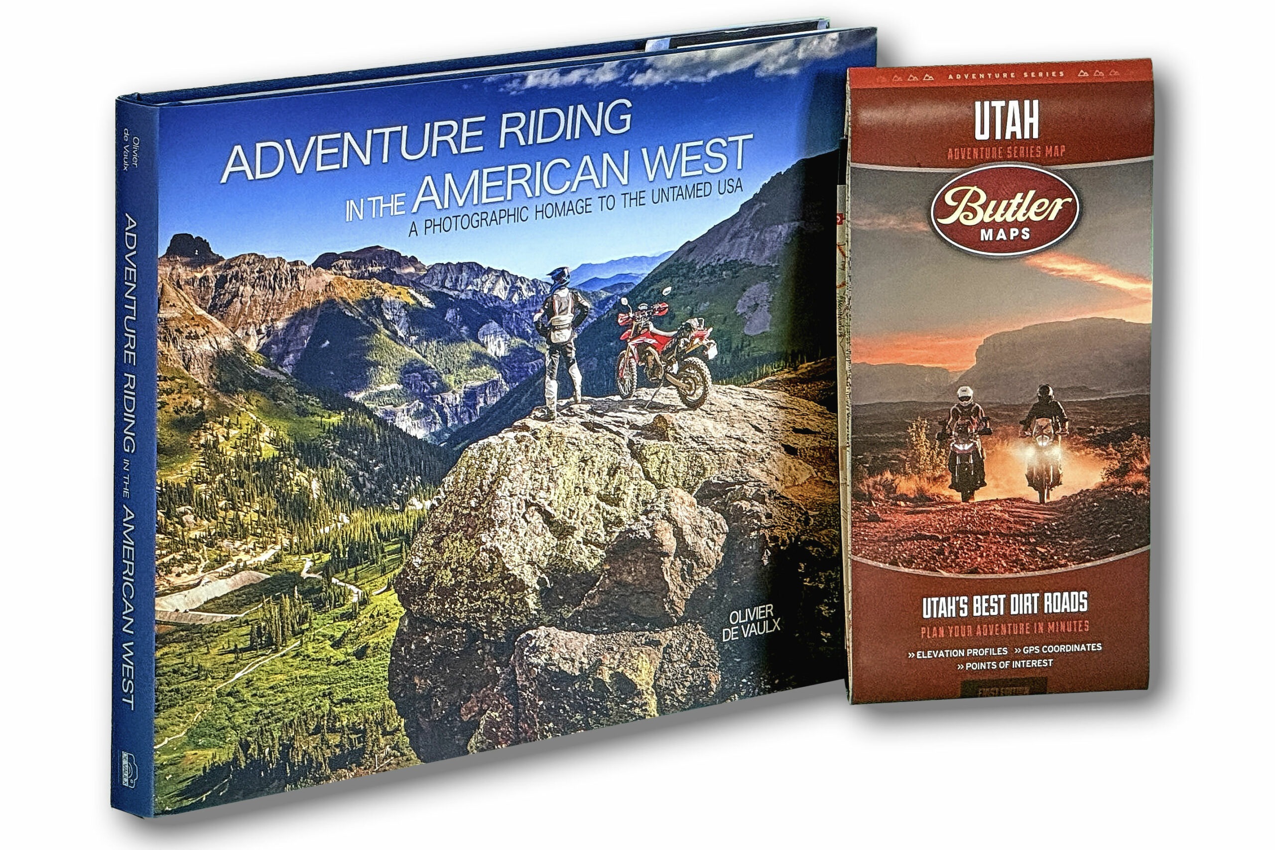 Bundle motorcycle photobook adventure riding in the american west Colorado cover and Butler maps adventure series